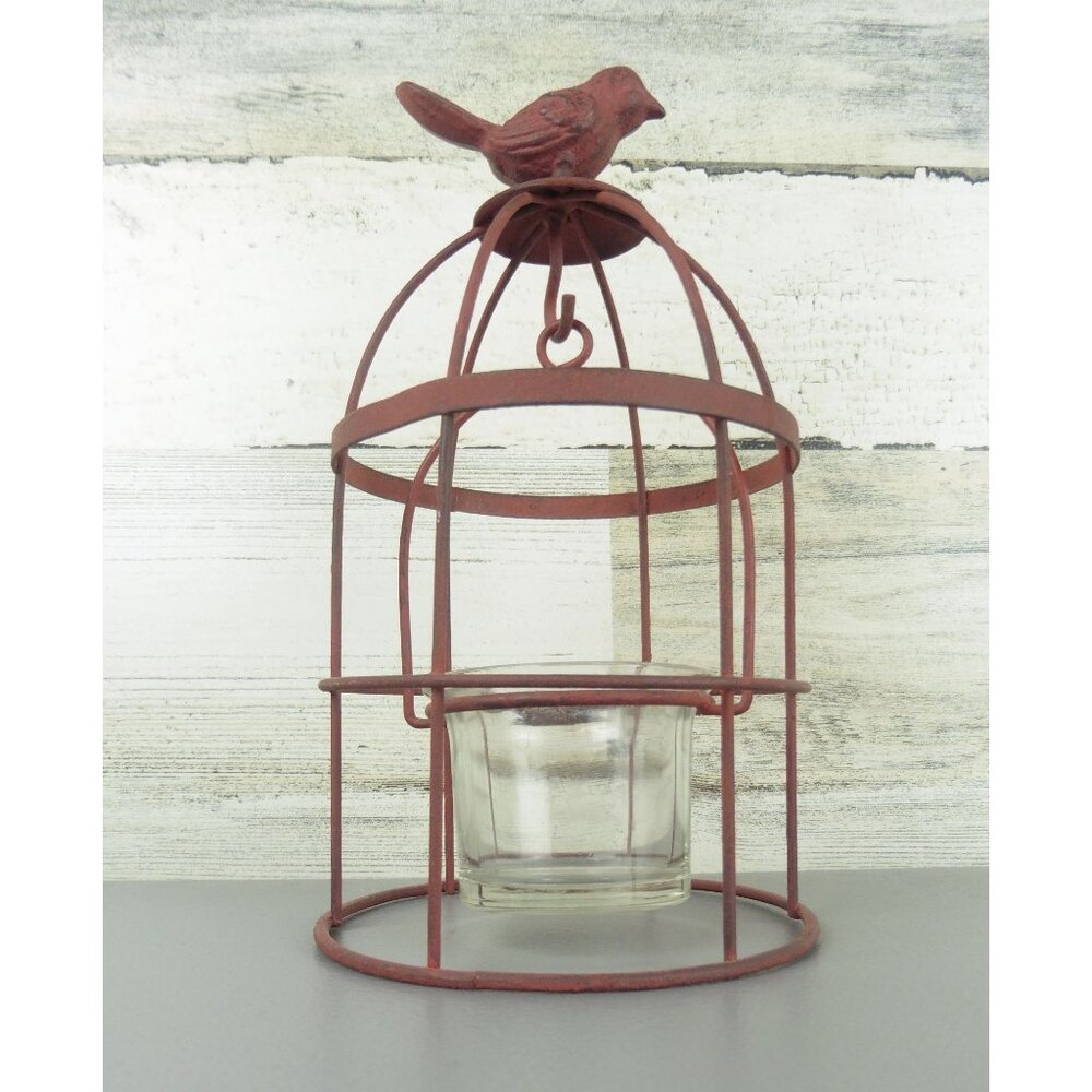 Bird on a cage swinging votive holder antique look red 8"
